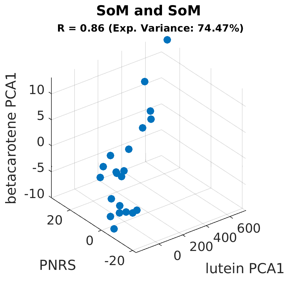 gscatter SoM and SoM by betacarotene PCA1